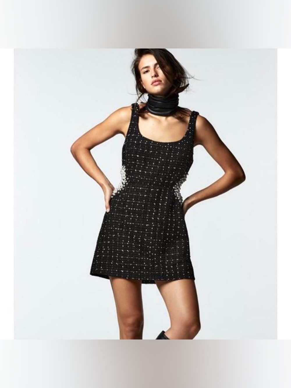 ZARA Tweed Textured Cut Out Dress w/ Faux Pearl Details Blogger Favorite